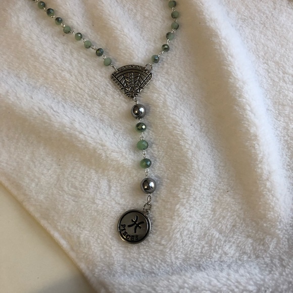 Pisces Zodiac seafoam green beaded rosary necklace handmade - Picture 5 of 7